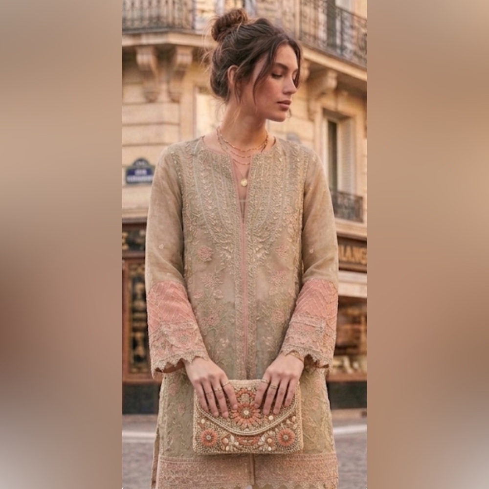 Pakistani Sapphire Embellished Organza Kurta in Sage & Petal - Size S